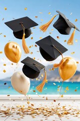 Naklejka premium Graduation caps tossed in the air with gold tassels, balloons and confetti celebrating success by the sea