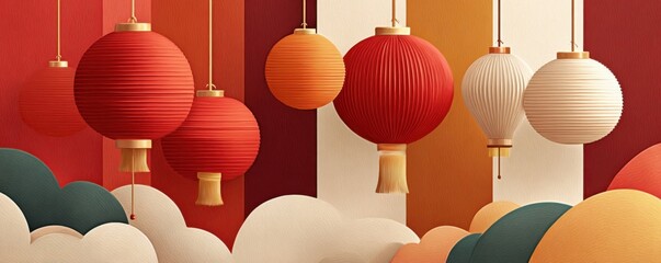 Naklejka premium Happy New Year background with traditional Chinese lanterns and festive paper art clouds