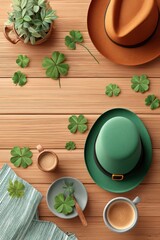 Naklejka premium St. Patrick's Day tabletop scene with green leprechaun hat, clovers and coffee on wood