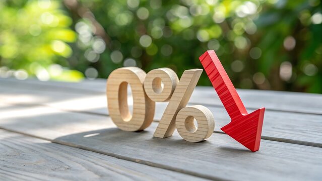 A wooden 0% sign with a red downward arrow on a table