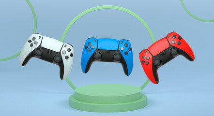 Colorful gaming controllers joystick levitating over podium against abstract background, minimalist concept device on pedestal © Vasyl Onyskiv
