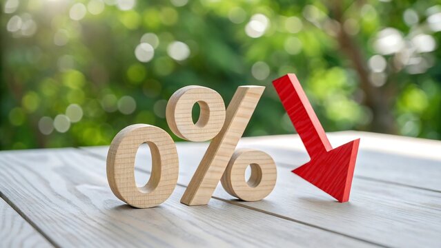 A wooden 0% symbol with a red downward arrow on a table