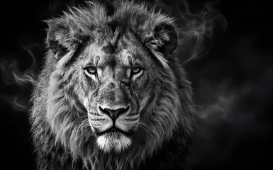 Papier peint photo Lion Majestic lion with smoke swirls intense gaze monochrome drama against  © YiuCheung