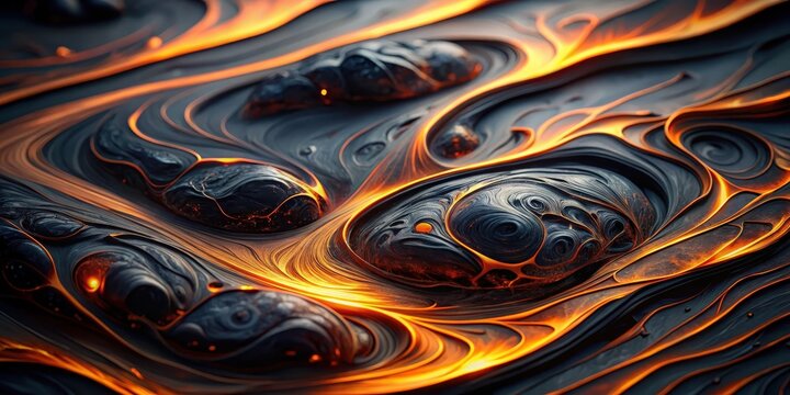 Dark, glossy obsidian stone surface with intricate, wavy patterns, resembling a mix of water and fire movements , wavy, volcanic