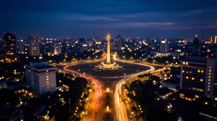 Obraz premium Victory Monument Bangkok at Night with Light Trails.