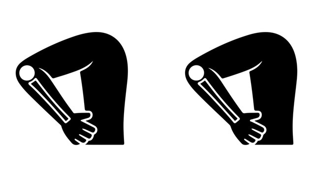 Two simple black and white illustrations depicting a bent human arm with a hand