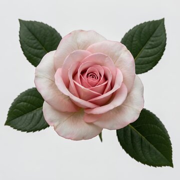 Pink Rose with Green Leaves Isolated on White Background