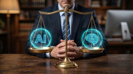 Ai regulation security risk balance in law office with digital brain hologram