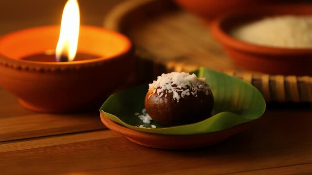 Traditional indian bohag bihu festive food and lit clay diya lamp set on a rustic wooden table, representing assamese cultural celebrations.