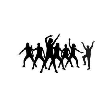 Group of dancing people silhouettes in energetic poses, party and celebration vector isolated on white background.