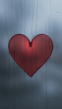 Red Heart Icon on Rain-Covered Window with Water Droplets