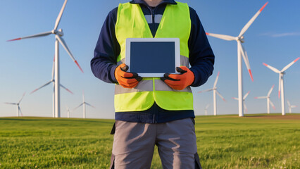 man with wind turbine, An engineer stands in a vast wind farm, The technician uses a tablet for data, Green fields stretch across the entire landscape, Renewable energy is the focus of the work © Jakub