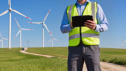 man with wind turbine, An engineer stands in a vast wind farm, The technician uses a tablet for data, Green fields stretch across the entire landscape, Renewable energy is the focus of the work © Jakub