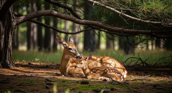 A mother deer and her spotted fawn rest peacefully in the dappled shade beneath pine branches in a tranquil forest setting.