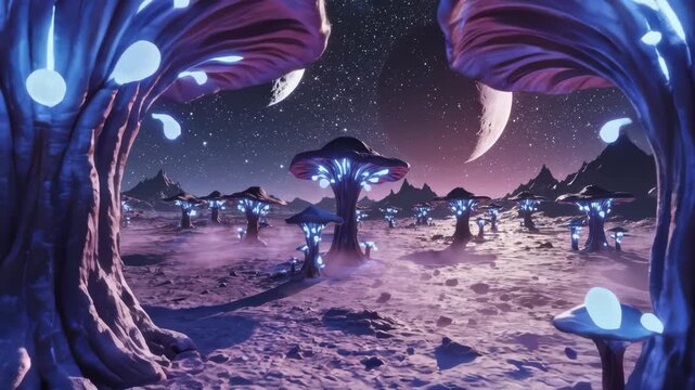 Exploring Glowing Mushroom Forest Beneath Twin Moons Tonight'S Glow