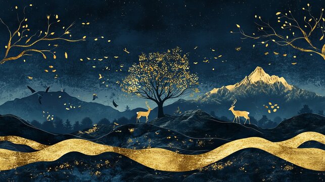 Dark blue christmas forest mural with gold waves deer and mountain scene