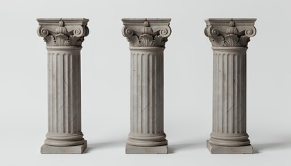Obraz premium Three Ornate Corinthian Columns with Detailed Capitals on a White Background