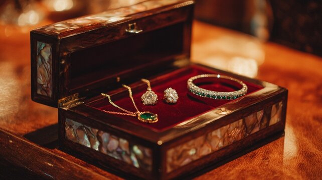 Jewelry box with necklace, earrings, and bracelet