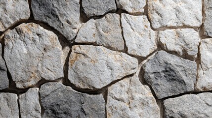 Obraz premium Close up of a textured stone wall with varying gray and tan rock shapes and