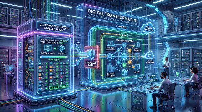 Vulnerability management patching strategy security concept. Futuristic digital transformation in a high-tech data center.