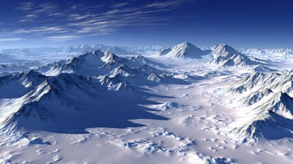 Fototapeta premium Expansive Aerial View of Snow-Covered Mountains Under a Clear Blue Sky in a Winter Wonderland Landscape