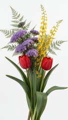 Fototapeta premium Vibrant Bouquet of Red Tulips with Purple and Yellow Flowers on White Background