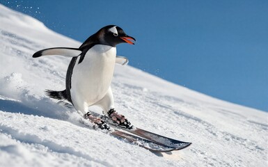 Fototapeta premium Adorable penguin skiing down snowy slope with joyful expression under