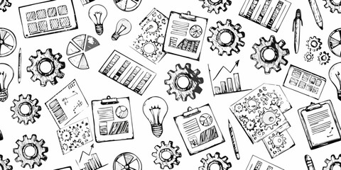 Obraz premium Hand drawn sketches of business ideas and technology fill a seamless pattern