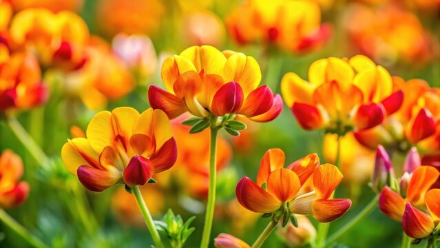Close up of vibrant birds foot trefoil flowers in full bloom, botanical, botanical garden
