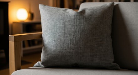 Obraz premium A textured grey linen cushion with a subtle woven pattern resting indoors