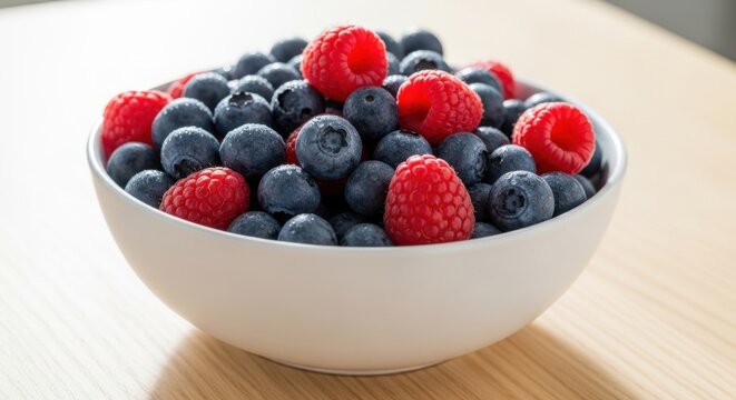 A white ceramic serving bowl filled with fresh blueberries and vibrant raspberries