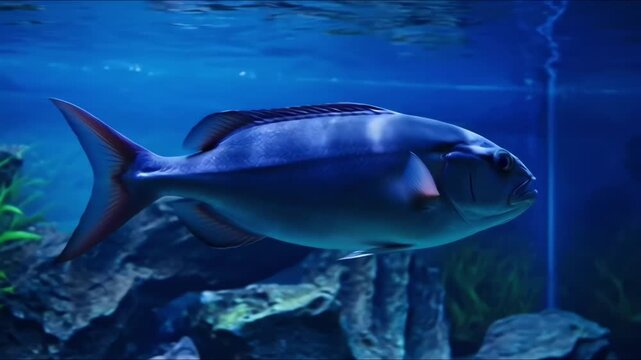 Large blue fish swimming in aquarium.
