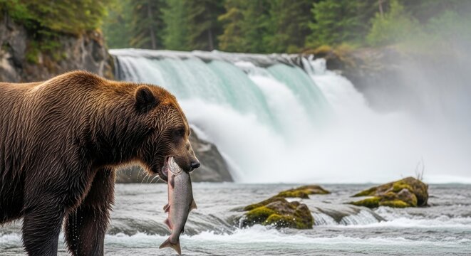Powerful Kodiak Bear Feasts on Fresh Salmon Midstream Below Roaring Waterfall Amidst Lush Forest Scenery