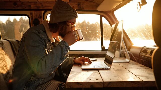 Man works on laptop inside camper van at sunset. Bearded freelancer drinks coffee from mug while typing. Digital nomad lifestyle in winter van. Remote worker enjoys golden hour view near forest.