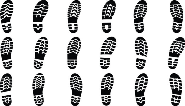 Shoeprint silhouette icon collection, footwear sole vector set, tread pattern artwork design, forensic footprint illustration graphic, flat vector illustration