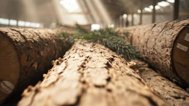 Logs stacked in a warehouse with bright sunlight and a natural background
