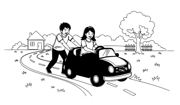 A black and white illustration of a man pushing a car with a woman inside on a suburban road