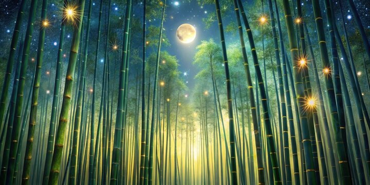 A tranquil bamboo forest bathed in a soft, lunar glow as twinkling stars dance across the night sky above , forest at night, bamboo forest