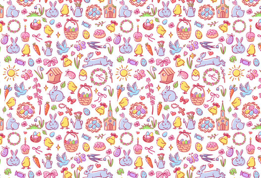 Easter seamless background for holiday. Colorful seamless background with Easter design. Hand drawn vector illustration.