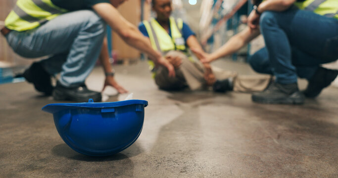 Warehouse, helmet and employee with injury on floor, workplace accident and assistance for coworker. Shipping, loader and person with muscle tension, supply chain or safety risk after slip in factory