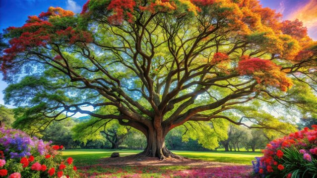 Dense foliage of green leaves surrounds a majestic tree with bright colored flowers blooming at its branches and roots, spring