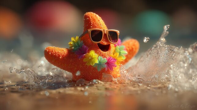 Joyful, textured orange marine animal enjoys splashing water while wearing sunglasses and a floral lei