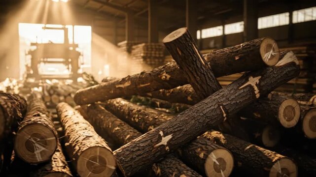 Logs stacked in a lumberyard with forklift and sunlight