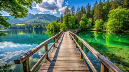 Fototapeta premium Serene wooden bridge spanning crystal clear Fuschlsee lake, surrounded by lush greenery and towering trees, crystal clear water, wooden bridge