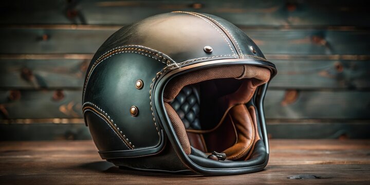 Detailed black leather stitched seam on a vintage motorcycle helmet, with intricate stitching and a worn finish , motorcycle