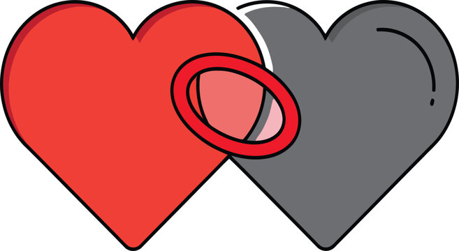Romantic Overlapping Two Hearts with Engagement Ring Symbol.