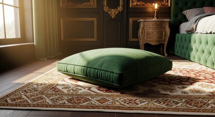 Fototapeta premium Plush Emerald Green Velvet Floor Cushion Resting on an Ornate Rug in a Dimly Lit Luxurious Interior