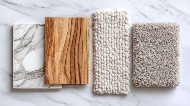 Interior design material samples including stone wood and textured fabric swatches displayed on a bright surface