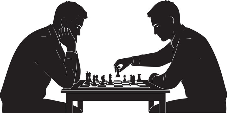 Two men playing intense game of chess on wooden table silhouette vector illustration isolated on transparent background backdrop