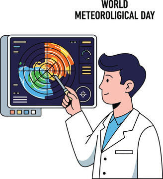 World Meteorological Day Illustration with Meteorologist Analyzing Weather Radar Data